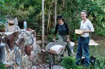 WWOOFers making a rock wall